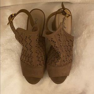 Qupid Mirror Metallic Strappy Slingback Platform Wedge